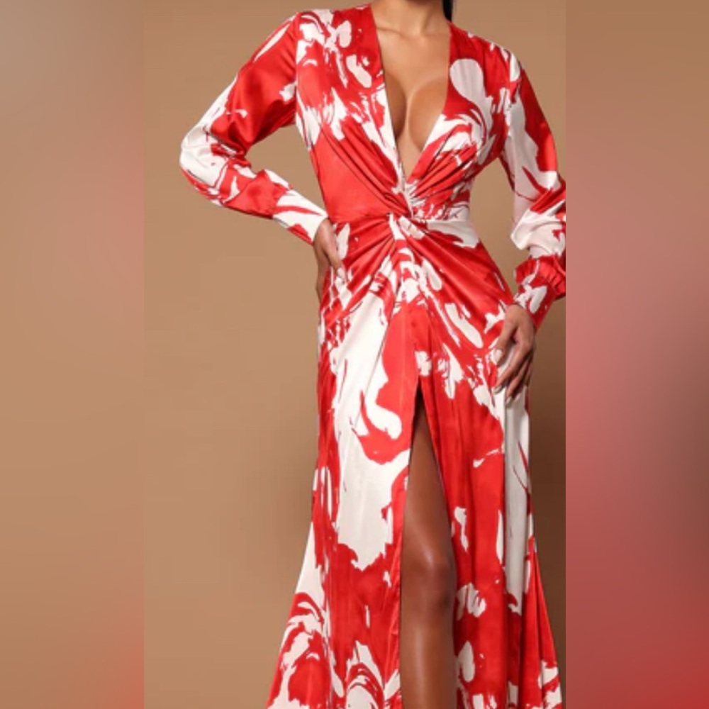 Fashion Nova Red and White Long Sleeve Dress